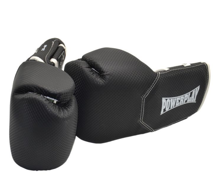 Боксерські рукавиці PowerPlay 3011 чорно-білі карбон 14 унцій PP_3011_14oz_Bl/White фото