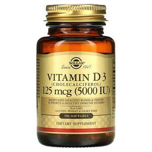 Вітамін д3 Solgar Vitamin D3 125 mg 5000 IU 100 softgels Solg_d3_5000_100 фото